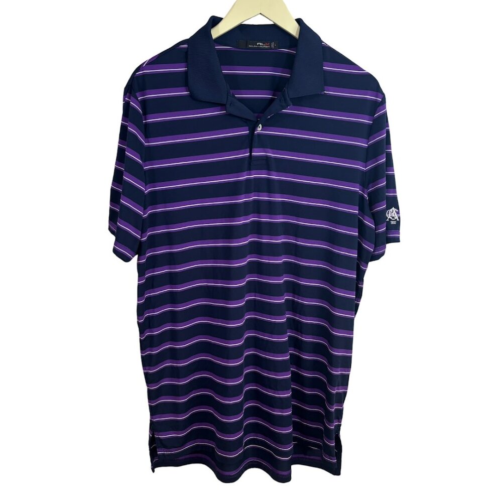 RLX Ralph Lauren Classic Navy Purple Stripe Performance Golf Polo Sz L Preppy
